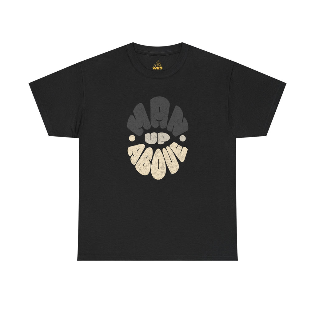 Black men's T-shirt from Wear Your Worship featuring Colossians 3:2 inspired faith streetwear design.