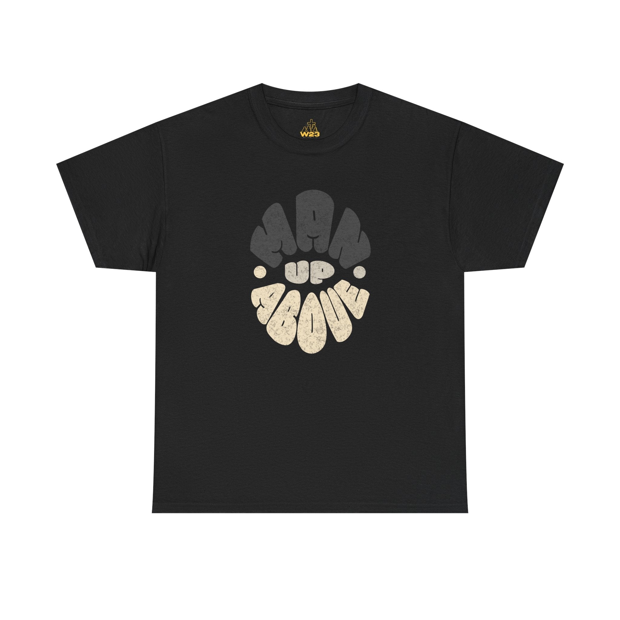Black men's T-shirt from Wear Your Worship featuring Colossians 3:2 inspired faith streetwear design.