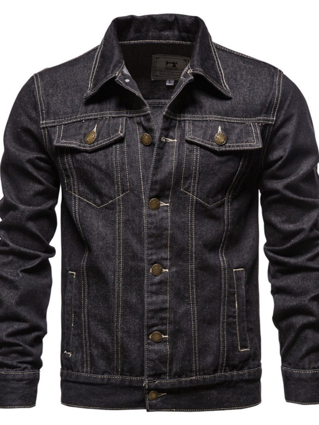 Men's VYSN long sleeve denim jacket with button-down front and classic blue denim fabric, shown on a model.