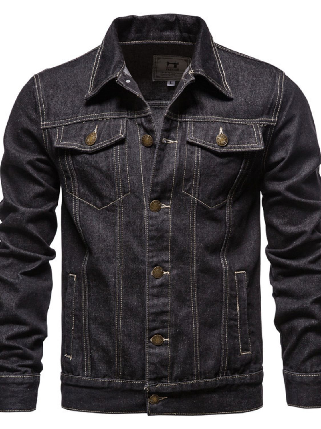 Men's VYSN long sleeve denim jacket with button-down front and classic blue denim fabric, shown on a model.