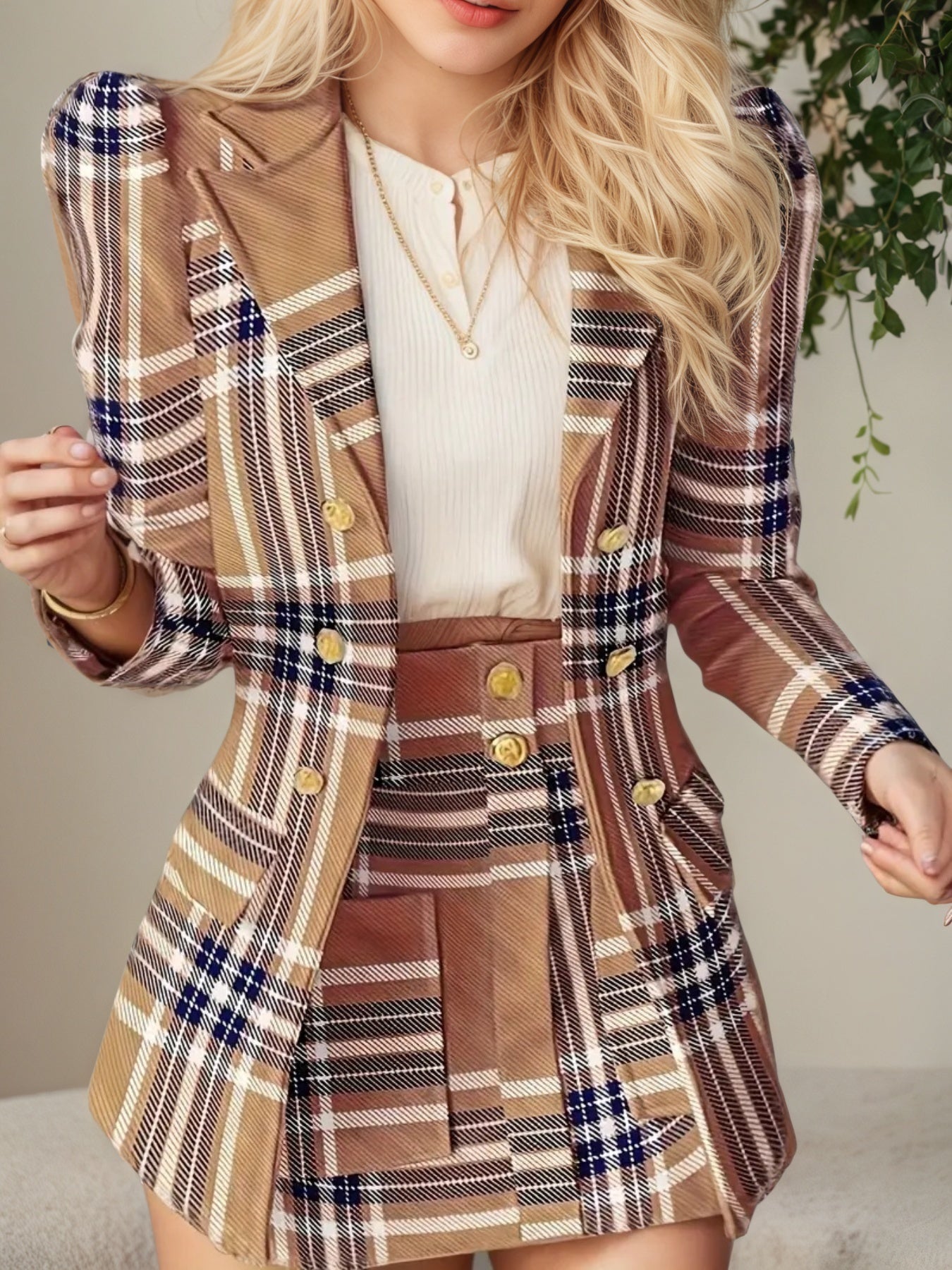 Women’s elegant plaid skirt suit set by FitiqueFit, featuring a stylish casualwear ensemble with a tailored blazer and matching skirt.