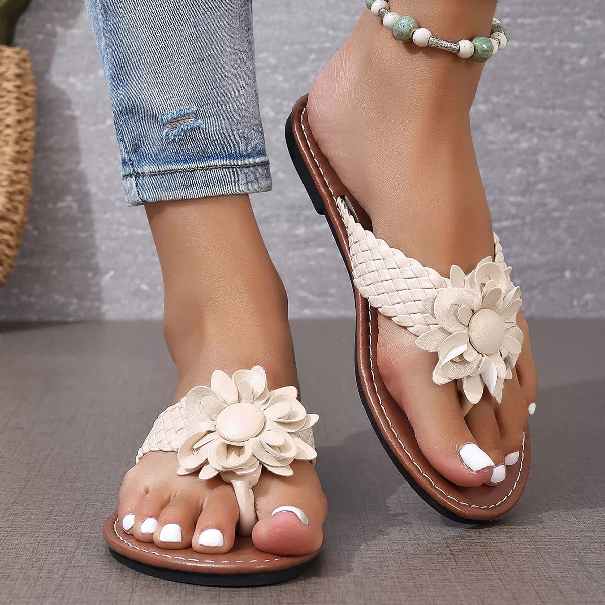Shopimist flower toe post sandals featuring colorful floral straps and a comfortable flat sole for casual summer wear.