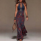 Women's Floral Print Halter Neck Deep V Lace Trim Mermaid Maxi Dress
