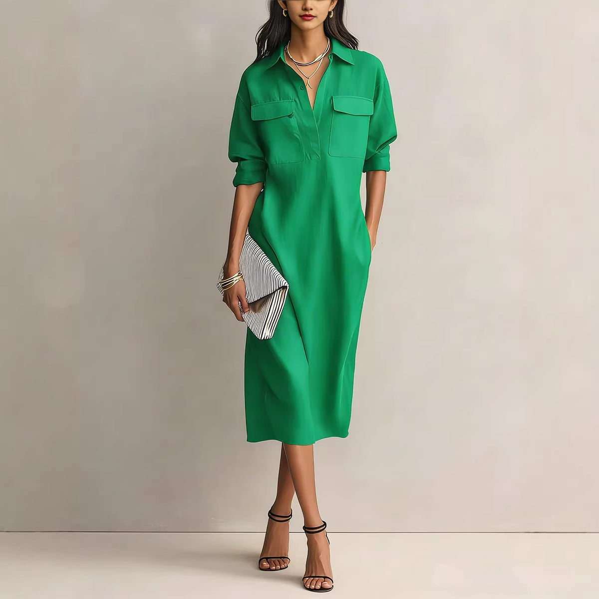 Eprolo elegant office casual fitted solid color mid-length dress, stylish and comfortable for professional or casual wear.