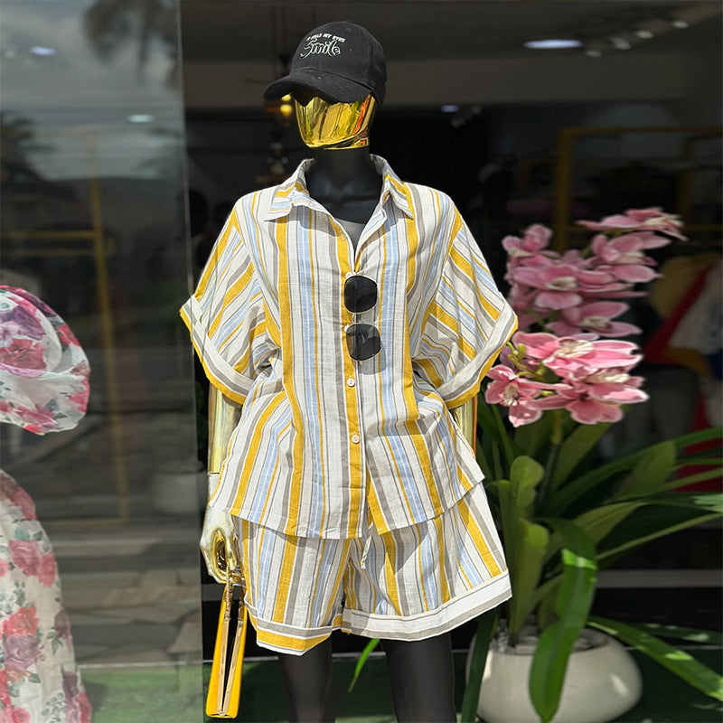 Striped two-piece short set from Plush Fashion Hub, featuring a stylish coastal chic design and lightweight top for warm weather.
