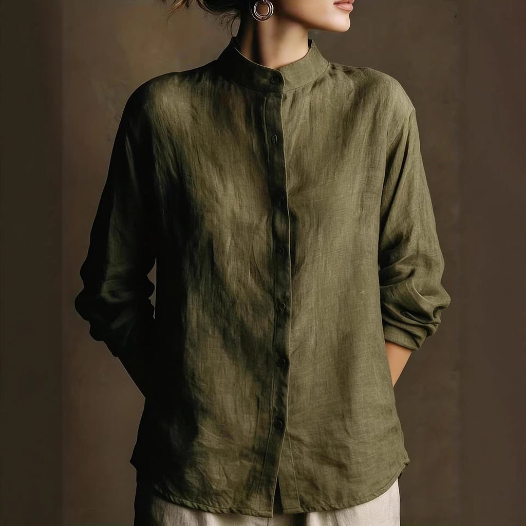 Women's loose-fit cotton linen long sleeve shirt with flip collar by FitiqueFit, shown in a relaxed style.