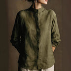 Women's loose-fit cotton linen long sleeve shirt with flip collar by FitiqueFit, shown in a relaxed style.
