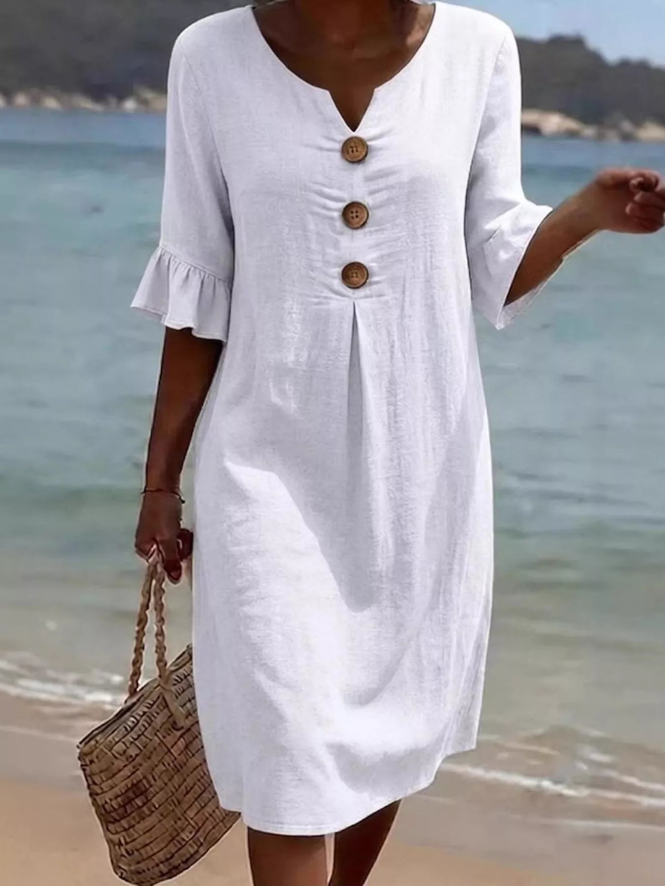 Plus size ruffle sleeve midi dress with button details, stylish and comfortable, by Plush Fashion Hub.