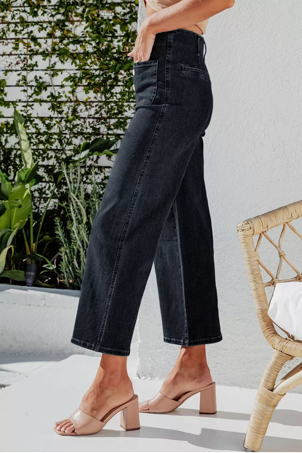 High-waisted button-fly wide-leg jeans from Trendsi, showcasing the denim’s fit, button details, and relaxed wide-leg style.