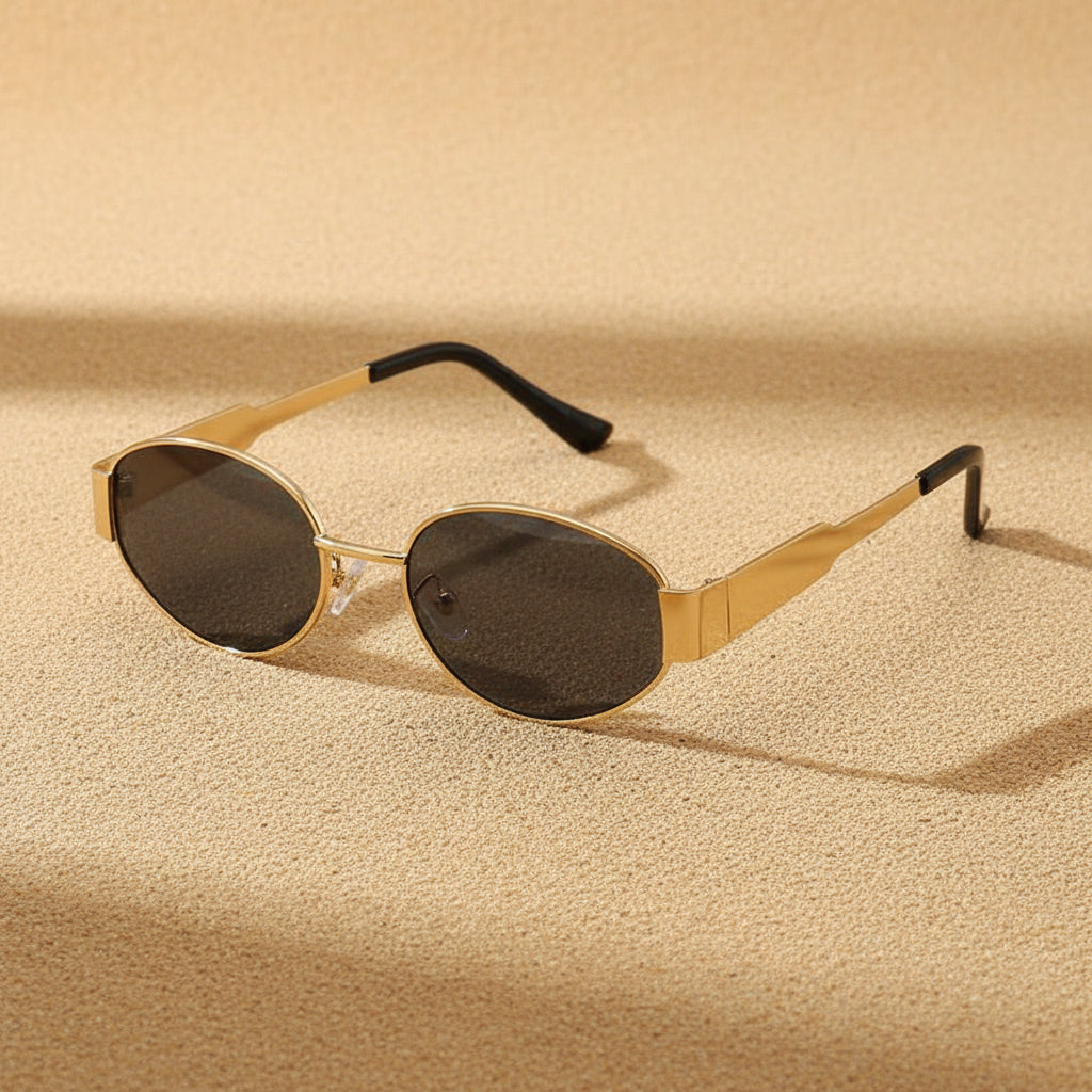 Vintage oval sunglasses with light luxury gold and silver frames, stylish eyewear by Plush Fashion Hub.