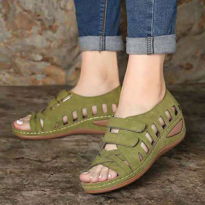 European and American large size hollow platform Velcro sandals by Plush Fashion Hub, showing the open-toe design and thick sole.