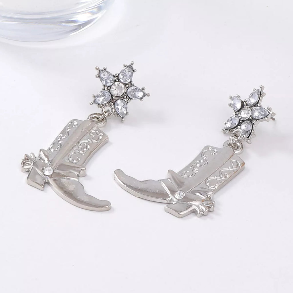 Western style dangle earrings by Shopimist featuring cowboy boot design and intricate metalwork.