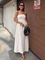 Shopimist strapless smocked maxi dress with a flowing silhouette, perfect for summer events and casual outings.