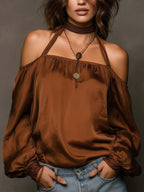 Women's Halter Neck Satin Blouse | Shoulder-Baring Long Sleeve Top in 5 Colors