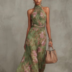Green graffiti print mesh maxi dress by FitiqueFit featuring high waist, irregular slit, and streetwear-inspired design.