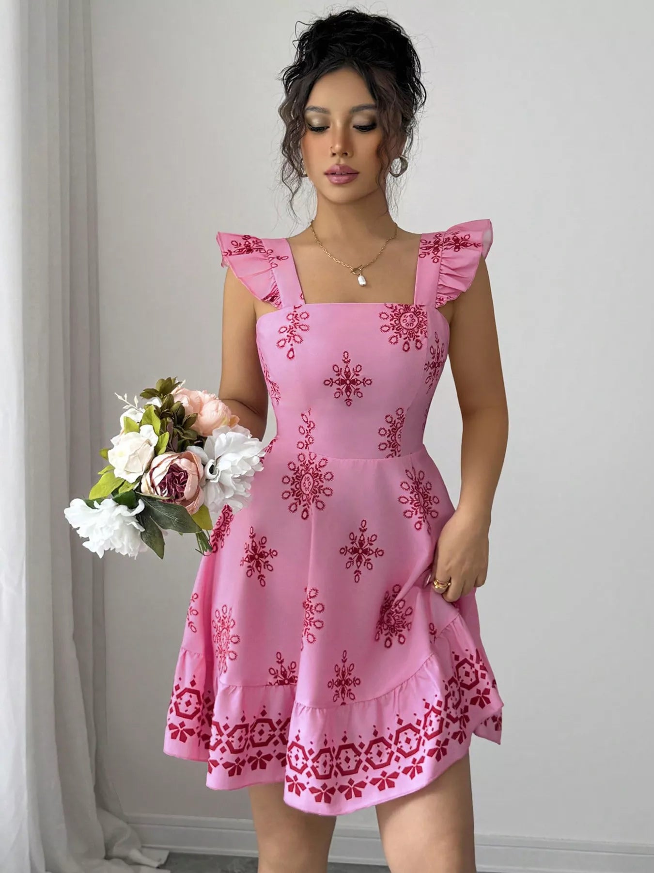 Printed Bow Back Square Neck Mini Dress by Shopimist, featuring a square neckline and bow detail on the back.