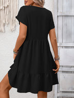 Women's casual V-neck mini dress with ruffle hem and ruched detailing, stylish and comfortable for everyday wear.