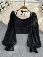 Elegant Swiss Dot Ruffled Flounce Sleeve Blouse, long sleeve women's dress top with delicate detailing and trendy style.