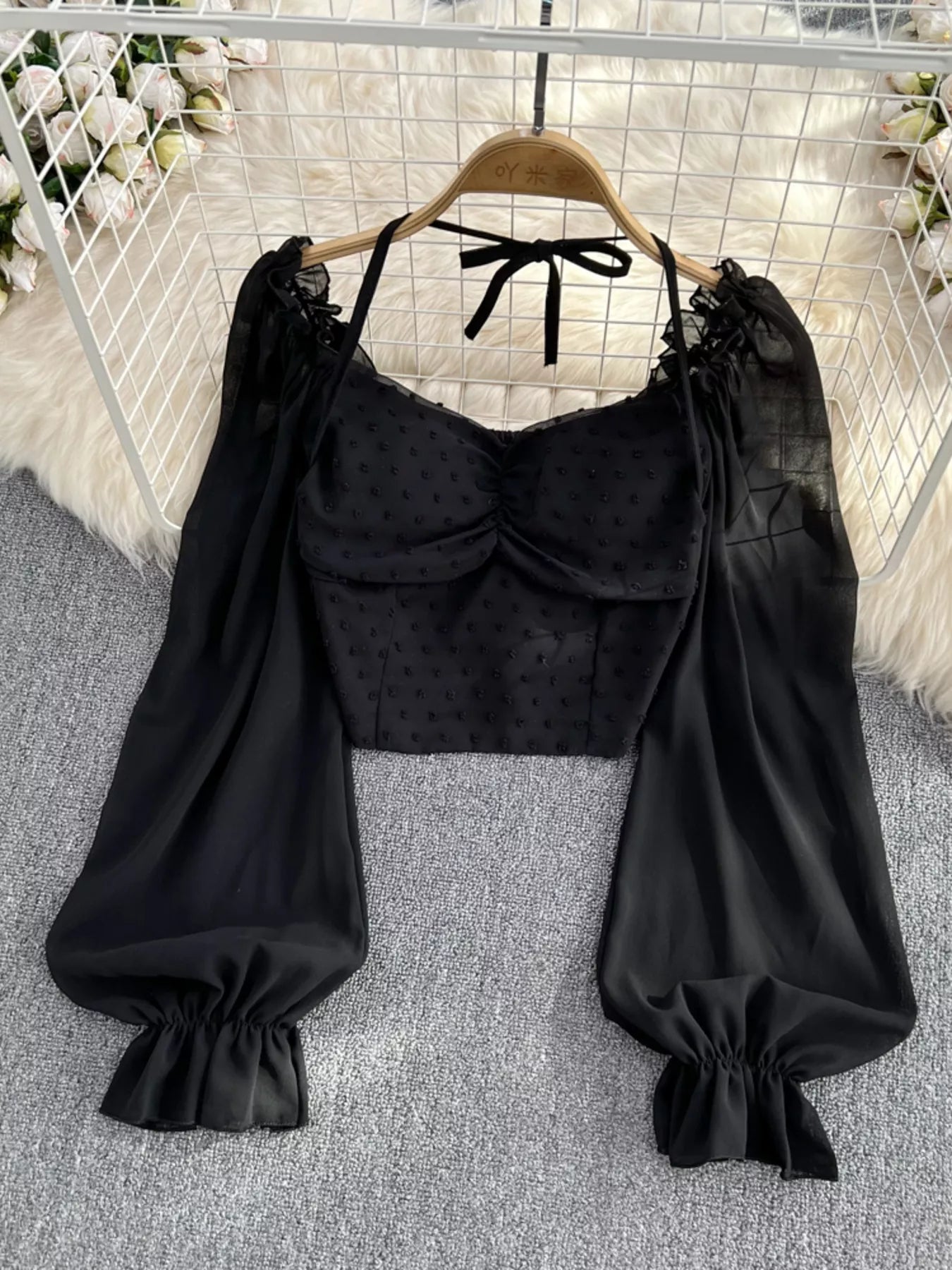 Elegant Swiss Dot Ruffled Flounce Sleeve Blouse, long sleeve women's dress top with delicate detailing and trendy style.