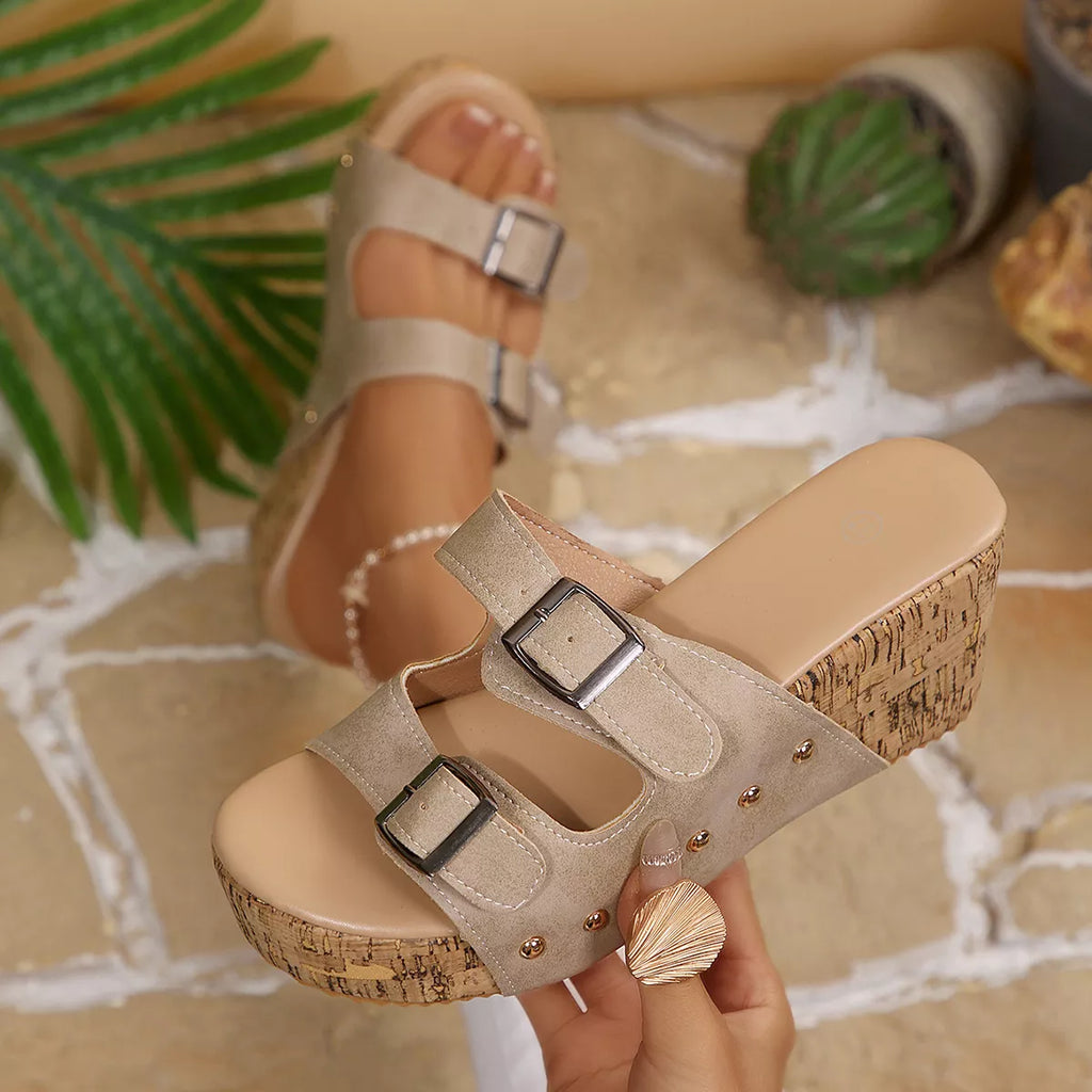 Open toe wedge sandals by Shopimist featuring a stylish design with a comfortable platform and ankle straps.