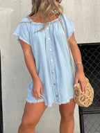 Plus size off-shoulder button-down denim dress with frayed hem by Trendsi, featuring a relaxed fit and casual style.