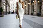 Women's satin off-shoulder slim-fit maxi dress by FitiqueFit, featuring a stylish casualwear design with a flowing silhouette.