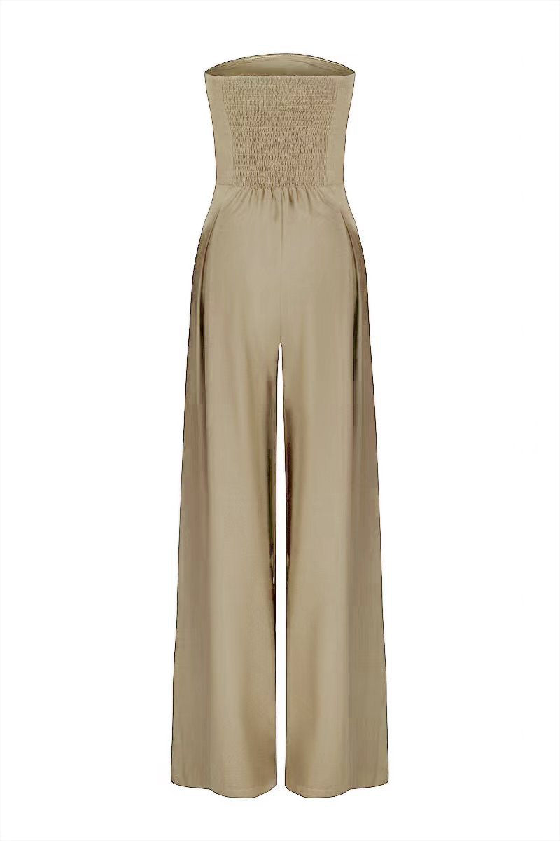 Backless loose tube-top jumpsuit with wide-leg long pants, stylish women's overalls in a fashionable design.