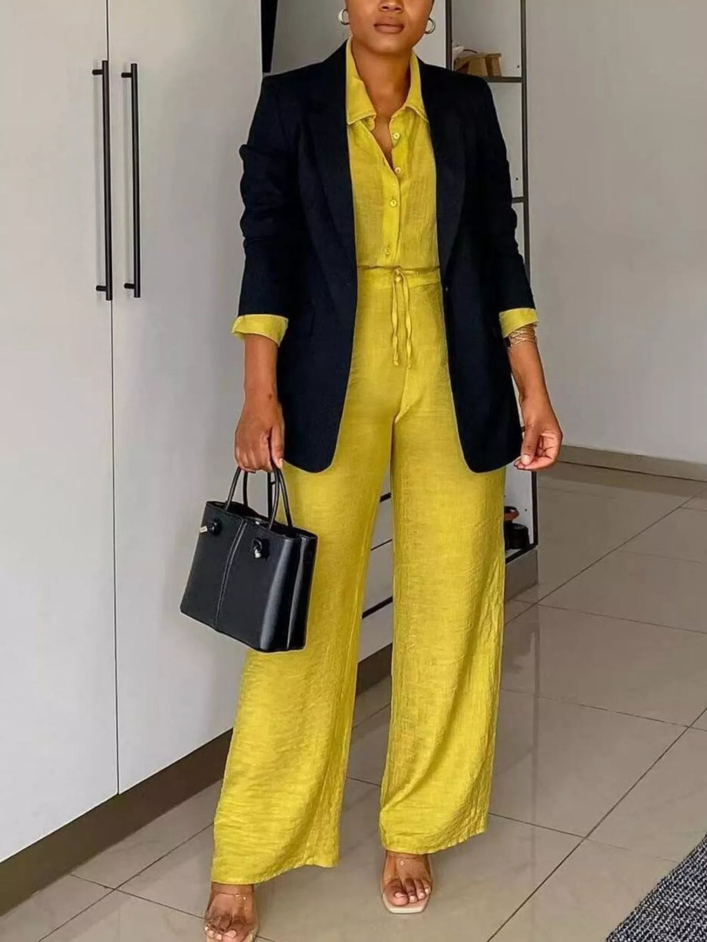 Shopimist tie-front top and wide-leg pants set, featuring a stylish tied top and flowing wide-leg trousers for a chic look.