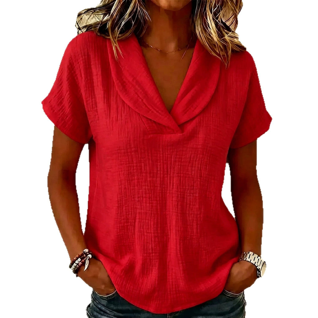 Women's knitted short-sleeve butterfly collar top from Plush Fashion Hub, casualwear with a stylish butterfly detail.