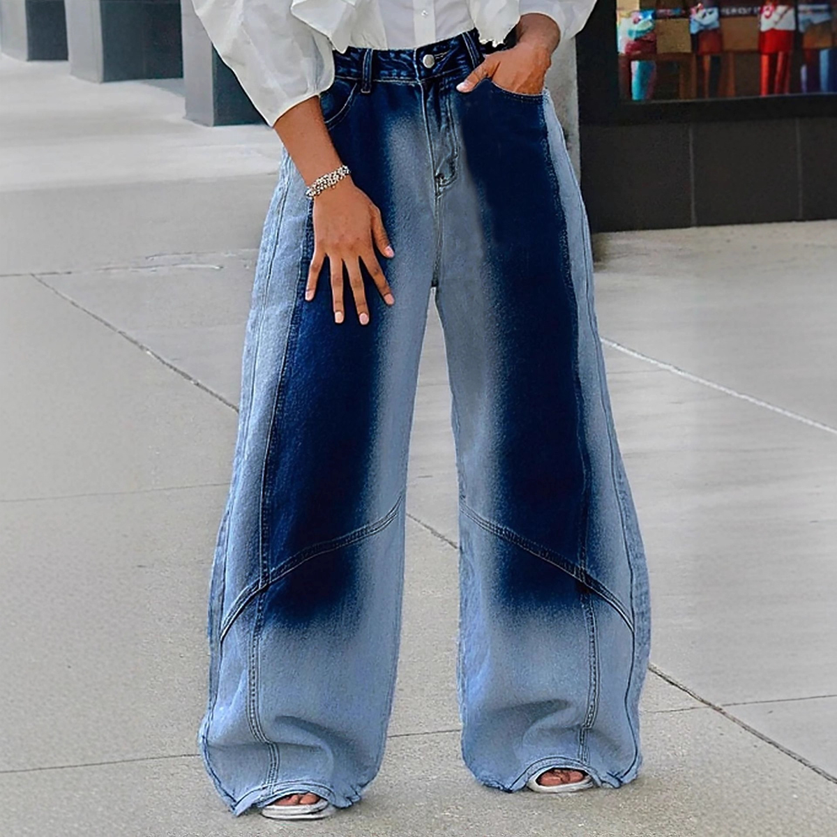 Eprolo fashion gradient knife wash straight leg jeans showing blue denim with fading and knife wash details.