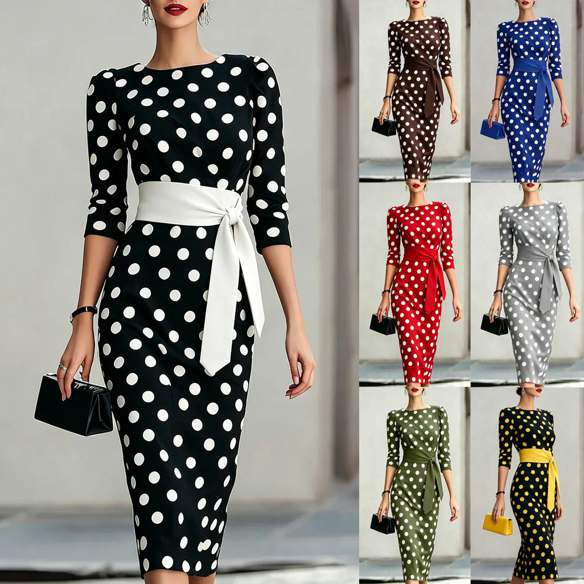 Women's retro polka-dot bodycon midi dress by FitiqueFit featuring a belted cross-tie, casualwear style with a fitted silhouette.