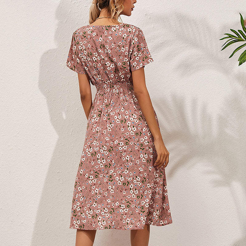 V-neck floral print satin maxi dress by FitiqueFit featuring an A-line silhouette in multiple colors, shown with a flowing skirt and floral pattern.