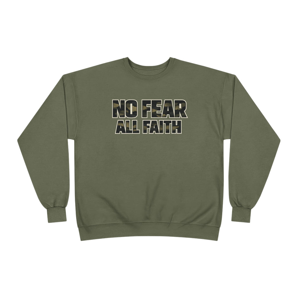 Wear Your Worship No Fear All Faith Crewneck sweatshirt with 2 Timothy 1:7 inspirational Bible verse design on soft apparel.