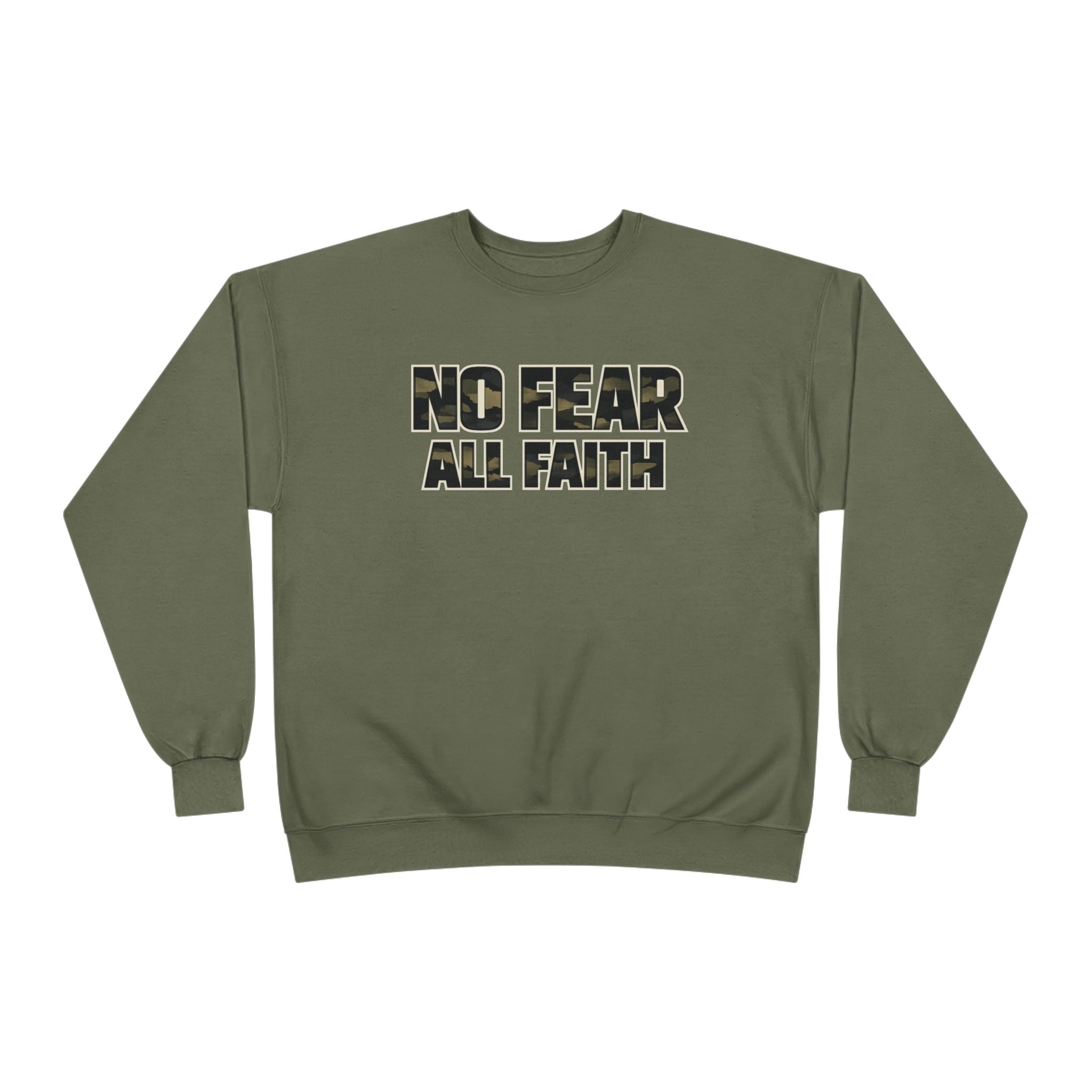 Wear Your Worship No Fear All Faith Crewneck sweatshirt with 2 Timothy 1:7 inspirational Bible verse design on soft apparel.