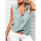 Women's sleeveless top with lapel collar, loose fit, and pockets in solid color by Plush Fashion Hub.