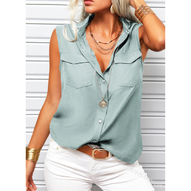 Women's sleeveless top with lapel collar, loose fit, and pockets in solid color by Plush Fashion Hub.