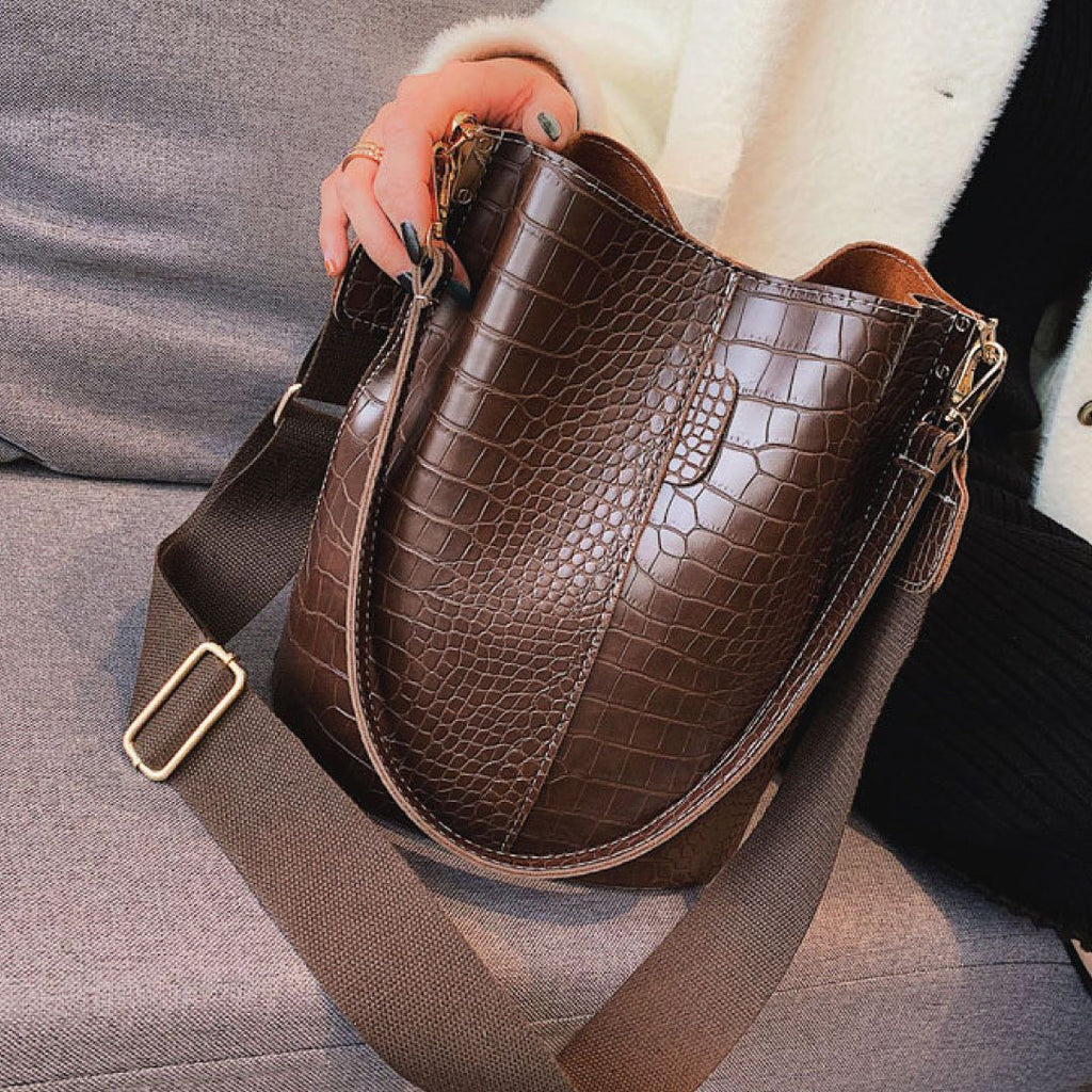 LadyShow.Store Blake Shoulder Bag in chocolate crocodile-embossed leather, stylish and compact for everyday use