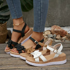 Shopimist open toe wedge sandals with tan leather straps and cork platform, perfect for summer casual wear.