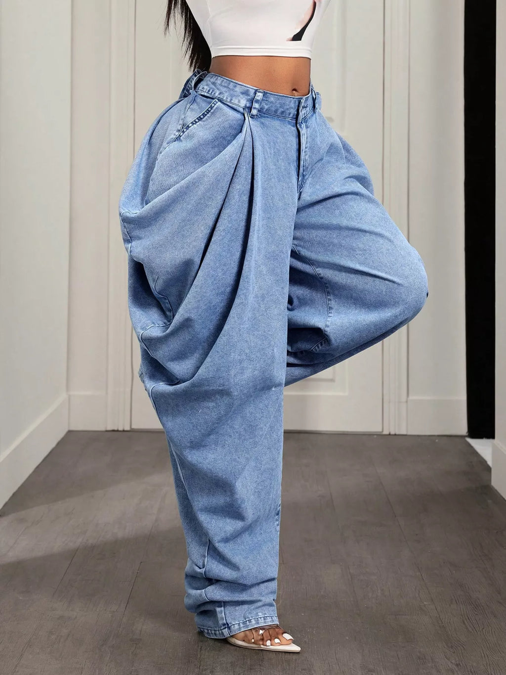 Baggy ruched jeans by Shopimist featuring a relaxed fit, ruched detailing, and casual style in denim fabric.