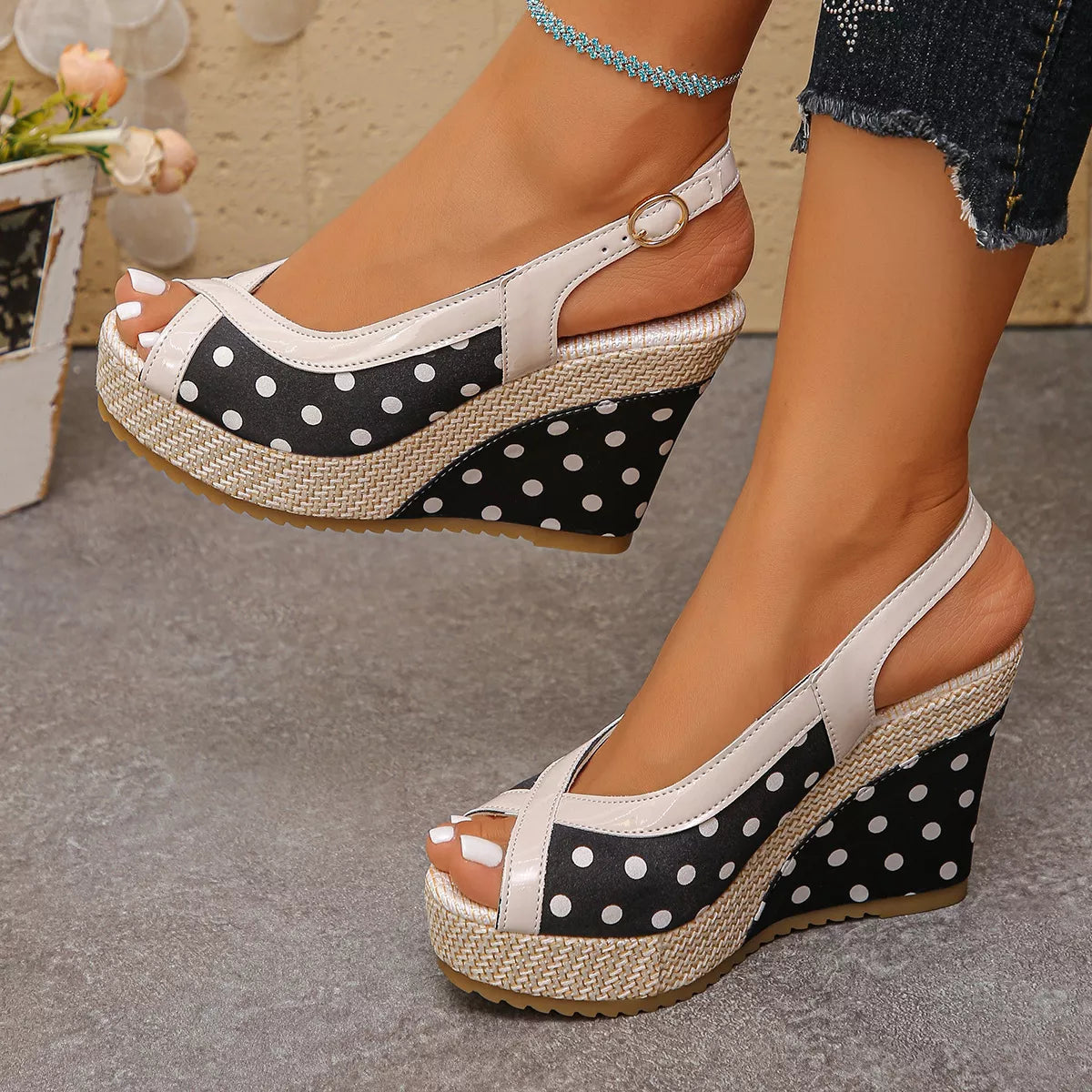 Polka dot peep toe wedge sandals by Trendsi, stylish footwear with a comfortable wedge heel and playful polka dot design.