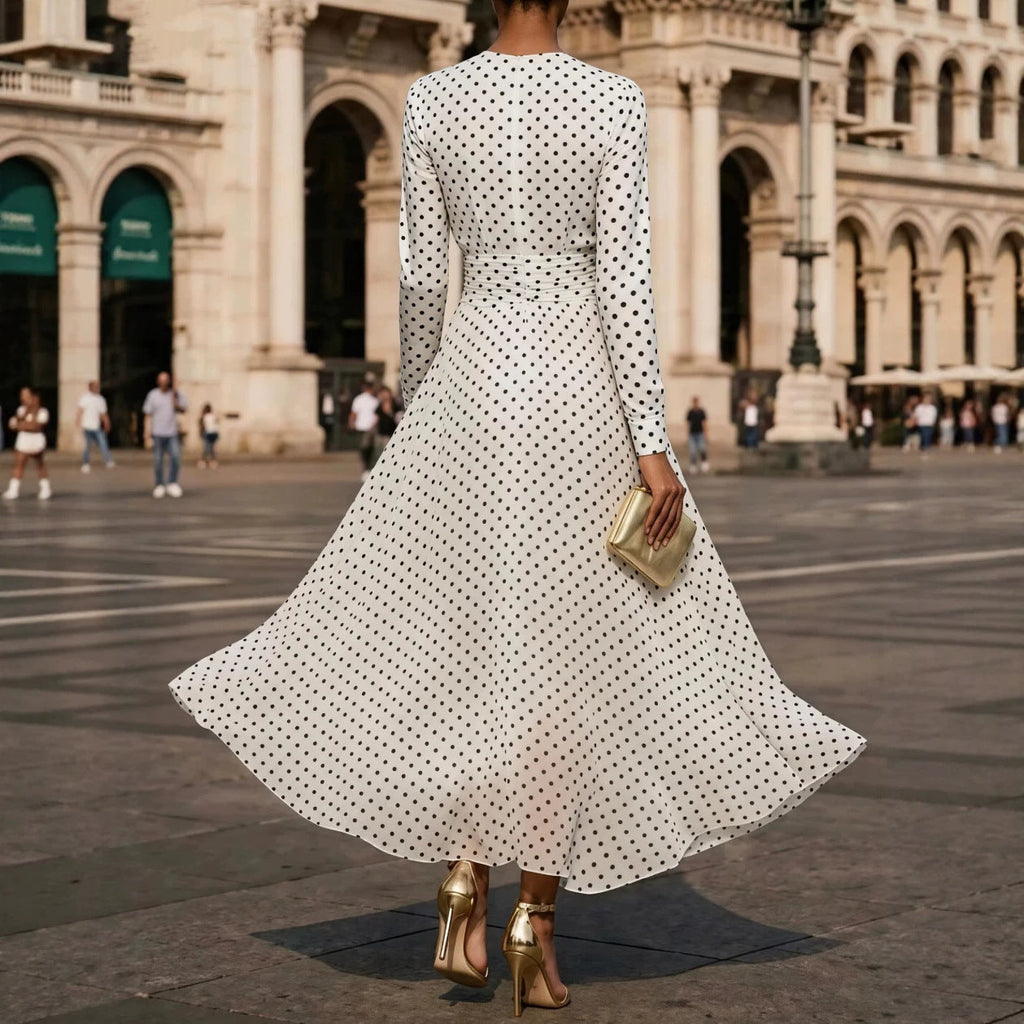 FitiqueFit round neck long sleeve polka dot sheath dress, close-up view showing the classic pattern and fitted silhouette.