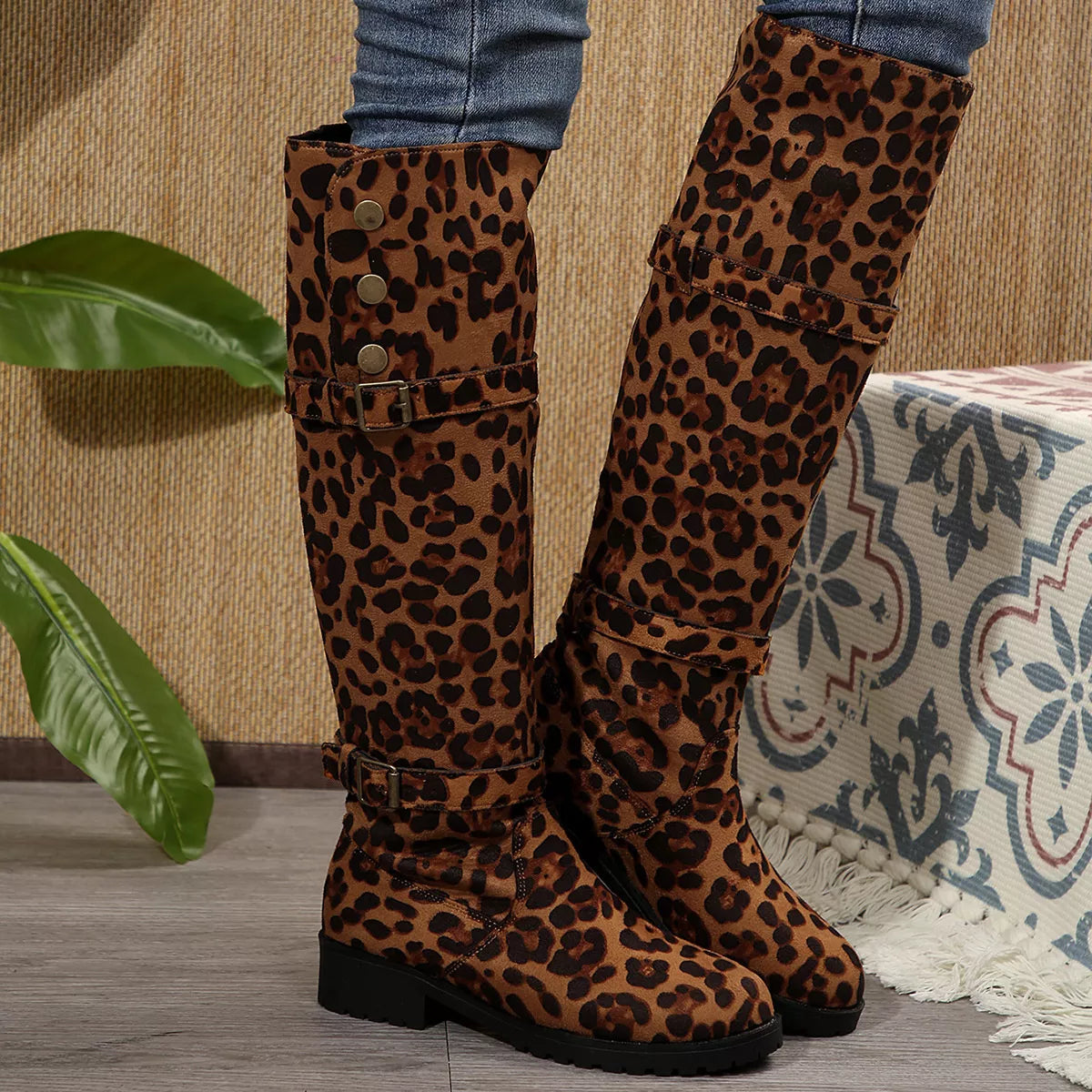 Leopard print block heel boots from Trendsi, stylish footwear with a bold animal pattern and sturdy heel for fashionable wear.