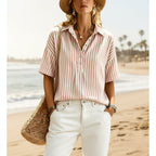 Women's striped short-sleeve shirt with turn-down collar from FitiqueFit, featuring a casual fit and classic design.