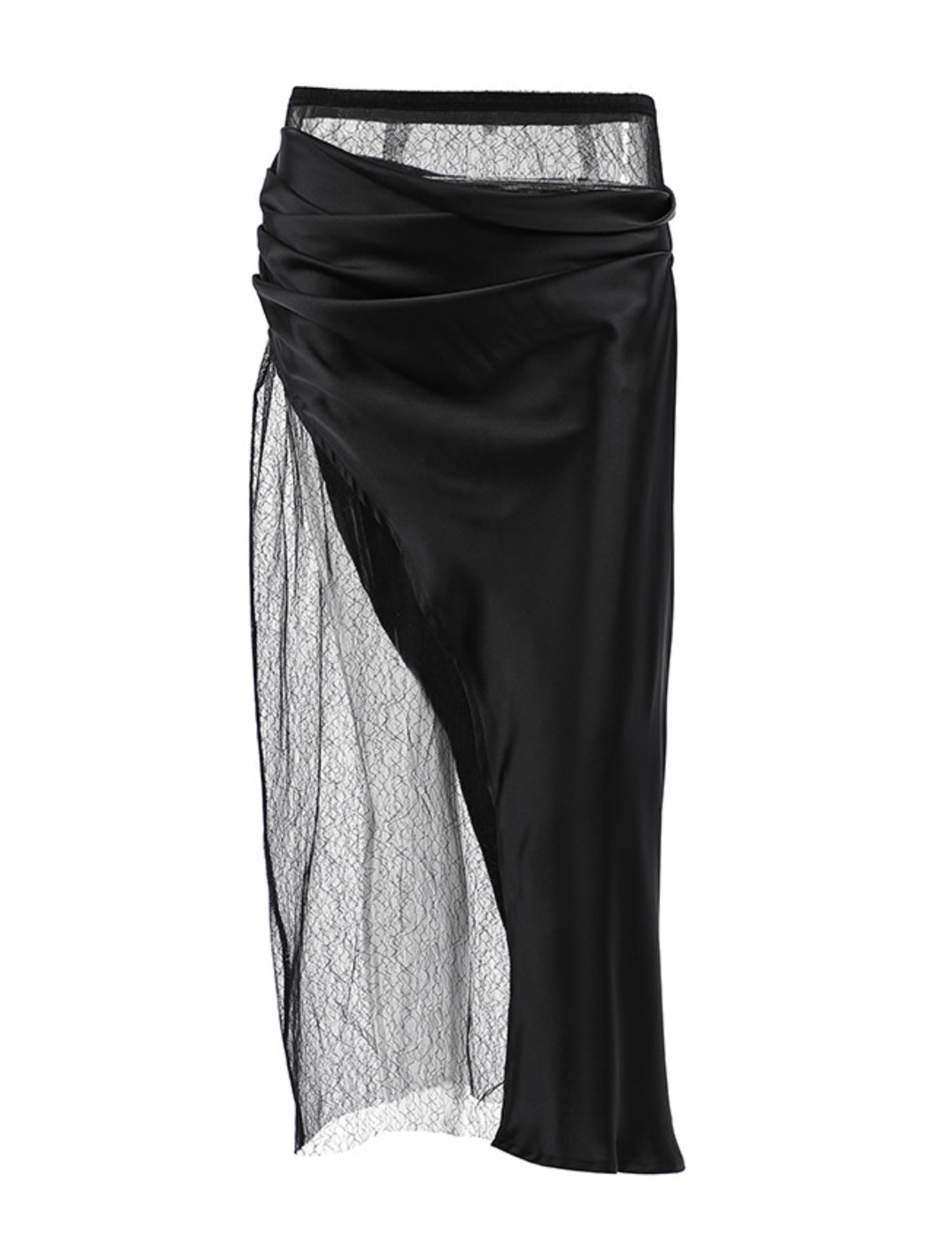 Women's elegant lace midi skirt with sheer split detail, trendy women's apparel by Trendsi, shown in a stylish fashion image.