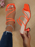 Women's square toe chunky heel open-toe sandals with cross straps, stylish footwear from Plush Fashion Hub.