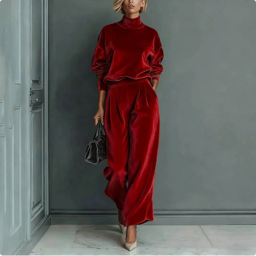 Plush Fashion Hub casual warm velour long-sleeved high-neck sportswear with zipper and wide-leg pants, solid color, cozy and stylish.