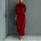 Plush Fashion Hub casual warm velour long-sleeved high-neck sportswear with zipper and wide-leg pants, solid color, cozy and stylish.