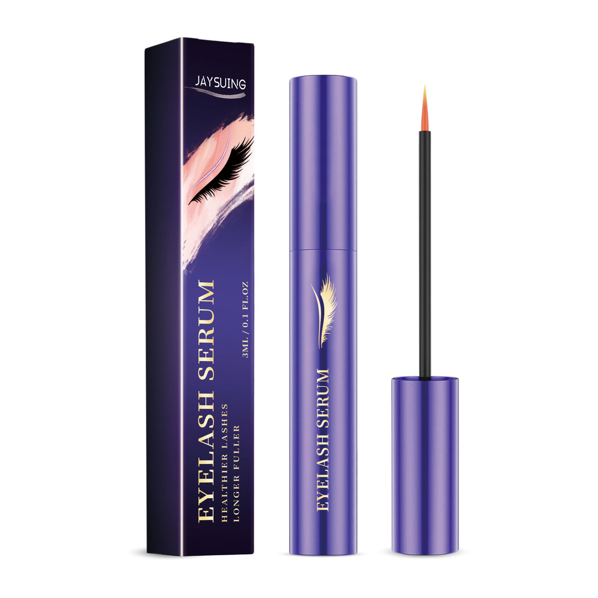 Purple JaySuing Eyelash Serum tube and matching box with closed cap and applicator brush showing fine tip.