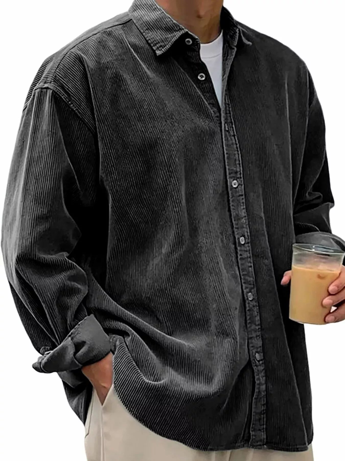 Men's vintage corduroy long sleeve shirt in plus size, stylish men's fashion by Shopimist with a classic design and textured fabric.