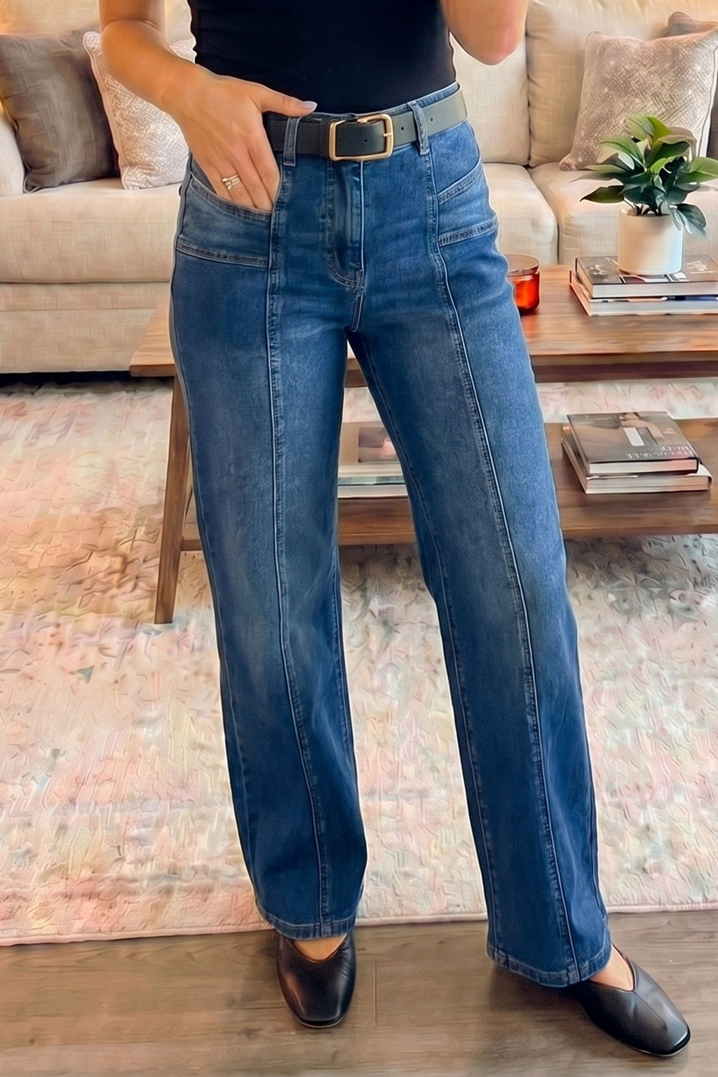 Yusra Seam Detail Shift Jeans by Threaded Pear, showcasing classic denim with subtle seam accents and a fitted silhouette.
